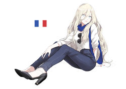 Rule 34 | 1girl, absurdres, arm support, black footwear, blonde hair, blue eyes, blue scarf, breasts, denim, french flag, full body, hair between eyes, hand on own leg, high heels, highres, jeans, kantai collection, lips, long hair, looking at viewer, medium breasts, mole, mole under eye, mole under mouth, morinaga miki, nail polish, pants, red nails, richelieu (kancolle), scarf, shirt, shoes, simple background, sitting, smile, solo, sunglasses, sunglasses removed, white background, white shirt