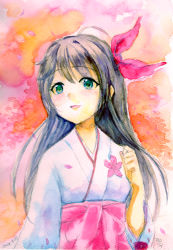 Rule 34 | 1girl, amamiya sakura, black eyes, black hair, blush, bow, cherry blossoms, commentary request, dated, hair ribbon, hakama, hakama skirt, hand up, highres, japanese clothes, kanou aira, long hair, looking to the side, painting (medium), partial commentary, ribbon, sakura taisen, shin sakura taisen, signature, skirt, smile, texture, traditional media, upper body, watercolor (medium)
