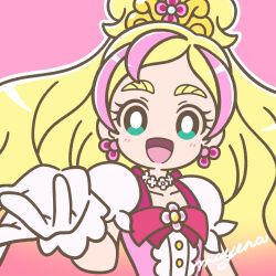 Rule 34 | 1girl, blonde hair, blush, bow, bright pupils, choker, collarbone, cure flora, earrings, eyelashes, flower choker, gloves, go! princess precure, gradient hair, green eyes, haruno haruka, highres, jewelry, long hair, looking at viewer, magical girl, mayena, multicolored hair, open mouth, outline, outstretched hand, pink background, pink bow, pink hair, precure, puffy short sleeves, puffy sleeves, short sleeves, signature, simple background, smile, solo, streaked hair, thick eyebrows, tiara, upper body, white gloves, white outline, white pupils