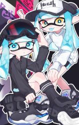 Rule 34 | 2girls, bike shorts, black shirt, blue eyes, blue hair, colored mouth, goggles, goggles on head, hat, highres, inkling, inkling girl, inkling player character, kyani kamo, multiple girls, nintendo, pointy ears, shirt, splatoon (series), splatoon 3, suction cups, tentacle hair, tongue, tongue out, white shirt, yellow eyes