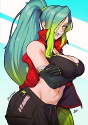 Rule 34 | 1girl, aurahack, bandaid, bandaid on cheek, bandaid on face, black pants, black sports bra, blue lips, borrowed character, breast hold, breasts, cleavage, crossed arms, cyborg, drawstring, eyeshadow, gradient hair, green eyes, green hair, grin, hair over one eye, highres, large breasts, lips, lipstick, long hair, makeup, mechanical arms, multicolored hair, navel, open clothes, open vest, original, pants, ponytail, popped collar, red vest, sharp teeth, sleeveless, smile, solo, sports bra, stomach, teeth, toned, vest, vex (koyorin)