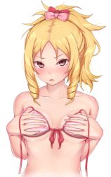 Rule 34 | 10s, 1girl, bikini, bikini top only, blonde hair, blush, bow, breasts, covering breasts, covering privates, drill hair, eromanga sensei, hair bow, looking at viewer, medium breasts, nikane (dillenid), pink bow, pink eyes, ponytail, red bow, short hair, simple background, solo, striped bikini, striped bikini top, striped clothes, swimsuit, twin drills, white background, yamada elf