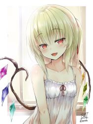 Rule 34 | 1girl, :d, artist name, bare arms, bare shoulders, blonde hair, blush, border, breasts, camisole, collarbone, commentary request, crystal, fangs, flandre scarlet, frills, hair between eyes, hair ribbon, head tilt, looking at viewer, no headwear, one side up, open mouth, outside border, red eyes, red ribbon, ribbon, signature, small breasts, smile, solo, spaghetti strap, tirotata, touhou, twitter username, upper body, white border, window, wings