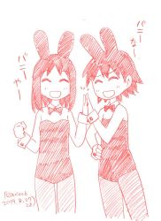 Rule 34 | 2girls, ^ ^, animal ears, azumanga daiou, black hair, bow, bowtie, closed eyes, cowboy shot, cropped legs, detached collar, fake animal ears, flat chest, graphite (medium), hand on own hip, hand up, high five, kasuga ayumu, leotard, monochrome, multiple girls, open mouth, pantyhose, peacock (p-location), playboy bunny, rabbit ears, short hair, signature, simple background, sketch, smile, takino tomo, traditional media, translation request, white background, wrist cuffs