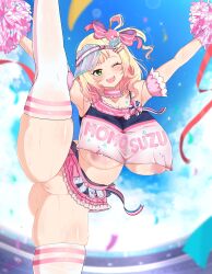 Rule 34 | 1girl, absurdres, arm garter, armpits, arms up, blonde hair, blush, breasts, cheerleader, choker, cleft of venus, clothes writing, covered erect nipples, frilled choker, frilled skirt, frills, gradient hair, green eyes, hair ornament, hat, highres, hololive, huge breasts, large areolae, leg up, long hair, looking at viewer, midriff, momosuzu nene, momosuzu nene (cheerleader), multicolored hair, nipples, official alternate costume, one eye closed, open mouth, panties, pink choker, pink hair, pink hat, pom pom (cheerleading), puffy nipples, pussy, rudeus (steban sharnak), sideways hat, skirt, smile, solo, split, standing, standing on one leg, standing split, striped clothes, striped thighhighs, sweat, thighhighs, uncensored, underwear, virtual youtuber, visor cap