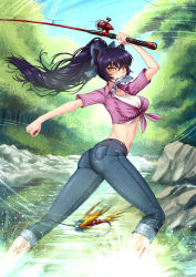 Rule 34 | 1girl, adsouto, animal ears, ass, blake belladonna, breasts, cat ears, fish, fishing rod, forest, highres, hip focus, lake, legs, long hair, looking at viewer, medium breasts, nature, navel, outdoors, ponytail, purple hair, rock, rwby, solo, stomach, thighs, water, wide hips, yellow eyes