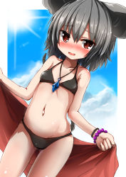 Rule 34 | 1girl, animal ears, bikini, black bikini, blue sky, blush, bracelet, cloud, day, dutch angle, full-face blush, grey hair, jewelry, kihuzinz, looking at viewer, mouse ears, mouse tail, navel, nazrin, necklace, open mouth, outdoors, red eyes, shiny skin, short hair, sky, smile, solo, sun, swimsuit, tail, touhou