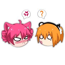 2girls ? a.i._voice adachi_rei anger_vein angry animal_ears blush cat_ears closed_mouth drill_hair head_only headlamp kasane_teto kemonomimi_mode multiple_girls one_side_up orange_hair pink_hair scratches simple_background single_tear speech_bubble spoken_anger_vein spoken_question_mark twin_drills utau white_background yi_xing_luren