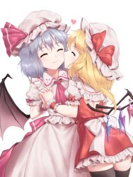 Rule 34 | 2girls, ^ ^, ascot, bad id, bad twitter id, bat wings, black legwear, blonde hair, bow, buttons, closed eyes, commentary, commentary request, crystal, dress, closed eyes, flandre scarlet, frilled shirt, frilled shirt collar, frilled skirt, frilled sleeves, frills, hat, hat ribbon, heart, highres, holding hands, kiss, kissing cheek, light purple hair, medium hair, minust, mob cap, multiple girls, nail polish, pink ascot, pink dress, pink ribbon, pink sash, puffy short sleeves, puffy sleeves, red bow, red nails, red ribbon, red skirt, red vest, remilia scarlet, ribbon, sash, shirt, short hair, short sleeves, siblings, simple background, sisters, skirt, smile, thighhighs, touhou, vest, white background, white ribbon, white shirt, wings, wrist cuffs