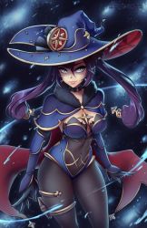Rule 34 | 1girl, genshin impact, hair ornament, hat, leotard, long hair, marmewa, mona (genshin impact), pantyhose, solo, tagme, thighlet, twintails, very long hair, witch hat