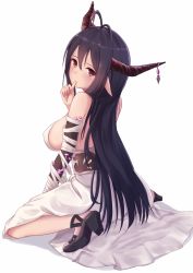 Rule 34 | 10s, 1girl, backless dress, backless outfit, bandages, black footwear, black hair, blush, breasts, closed mouth, danua, draph, dress, from behind, full body, granblue fantasy, hair between eyes, high heels, highres, horns, itachi kanade, kneeling, large breasts, long hair, looking at viewer, pointy ears, red eyes, shoes, sideboob, simple background, solo, thumb sucking, white background, white dress
