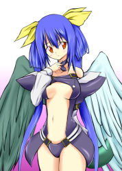 Rule 34 | 1girl, arc system works, asymmetrical wings, bare shoulders, blue hair, blush, breasts, center opening, choker, detached sleeves, dizzy (guilty gear), guilty gear, highres, hinokuro, kuromu-o, large breasts, long hair, navel, panties, red eyes, solo, tail, twintails, underwear, very long hair, wings