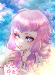 Rule 34 | 1boy, absurdres, blue sky, chatan nakiri, closed mouth, cloud, cloudy sky, collared shirt, crossdressing, highres, looking at viewer, male focus, pink eyes, pink hair, shirt, short twintails, sky, solo, touken ranbu, trap, twintails, unbuttoned, unbuttoned shirt, white shirt, zasikirou