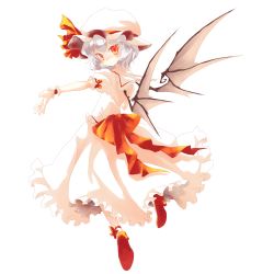 Rule 34 | 1girl, bat wings, dress, female focus, full body, futaki nia, hat, hat ribbon, high heels, highres, looking at viewer, outstretched hand, pink hair, puffy short sleeves, puffy sleeves, red eyes, remilia scarlet, ribbon, short hair, short sleeves, smile, solo, sooki, tales2mire, touhou, transparent background, tsurime, wings