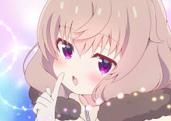 Rule 34 | 1girl, blush, brown hair, brown jacket, commentary request, derivative work, fang, fur-trimmed jacket, fur trim, hair between eyes, hand up, jacket, looking at viewer, open mouth, portrait, purple eyes, slow loop, solo, yoshinaga koi, yutsuki warabi
