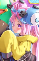 Rule 34 | 1girl, bellibolt, bow-shaped hair, character hair ornament, creatures (company), game freak, hair ornament, hexagon print, highres, iono (pokemon), jacket, long hair, low-tied long hair, nintendo, oversized clothes, pokemon, pokemon (creature), pokemon sv, sleeves past fingers, sleeves past wrists, star (symbol), star in eye, symbol in eye, tarunyan, very long sleeves, x, yellow jacket