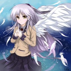 Rule 34 | 10s, 1girl, angel beats!, bad id, bad pixiv id, black skirt, feathers, green eyes, long hair, looking at viewer, lowres, own hands together, pleated skirt, qingchen (694757286), school uniform, signature, silver hair, skirt, solo, tenshi (angel beats!), white wings, wings