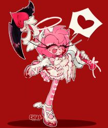 1girl :d alternate_costume amy_rose amyurimas angel_wings animal_ears animal_nose blood blood_on_clothes blood_on_face bow closed_eyes dress earrings eyelashes fang full_body furry furry_female gloves hairband halo heart hedgehog_girl highres holding holding_scythe jewelry leg_up open_mouth pink_bow pink_fur pink_hair red_background scythe simple_background smile solo sonic_(series) spoken_heart standing white_bow white_dress white_footwear white_gloves white_hairband white_halo wings