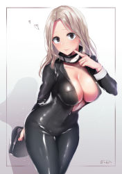 Rule 34 | 10s, 1girl, bodysuit, boku no hero academia, breasts, brown eyes, brown hair, center opening, cleavage, hat, heart, holding, holding clothes, holding hat, large breasts, leaning forward, long hair, looking at viewer, open bodysuit, open clothes, sakiryo kanna, signature, simple background, smile, solo, standing, unworn hat, unworn headwear, utsushimi kemii, white background