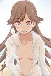 Rule 34 | 1girl, akai akasaki, arashio (kancolle), areola slip, beach, blush, breasts, brown hair, coat, collarbone, commentary, cowboy shot, day, heart, hood, hooded jacket, jacket, kantai collection, long hair, long sleeves, looking at viewer, looking up, naked coat, navel, outdoors, parted lips, sky, small breasts, smile, solo, speech bubble, spoken heart, swept bangs, translated, twitter username, unzipping, water, white jacket