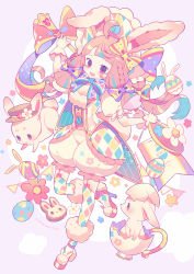 Rule 34 | 1girl, ahoge, animal, animal ears, blunt bangs, bow, braid, breasts, cleavage, commentary, easter, easter egg, egg, flower, flower (symbol), full body, garter straps, gloves, hair bow, hat, heart, high heels, holding, holding spoon, long hair, multicolored bow, multicolored clothes, multicolored legwear, open mouth, original, oversized object, pink flower, pink footwear, pink hair, puffy short sleeves, puffy shorts, puffy sleeves, purple eyes, rabbit, rabbit ears, short sleeves, shorts, signature, smile, solo, spoon, thighhighs, white gloves, yumenouchi chiharu