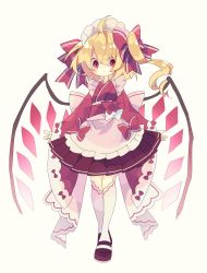 Rule 34 | 1girl, ahoge, alternate costume, apron, blonde hair, bow, commentary, enmaided, flandre scarlet, full body, grey background, hair between eyes, highres, japanese clothes, kimono, kneehighs, long sleeves, looking at viewer, maid, maid headdress, nikorashi-ka, outstretched arms, pleated skirt, red bow, red eyes, red footwear, red kimono, red skirt, side ponytail, simple background, skirt, socks, solo, touhou, wa maid, waist apron, white bow, white socks, wide sleeves