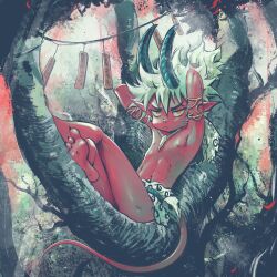 Rule 34 | 1boy, barefoot, black nails, colored skin, commentary, demon, demon boy, demon horns, demon tail, english commentary, fantasy, highres, horns, loincloth, lying, moonshen timojim, on back, original, pointy ears, procreate (medium), red skin, tail, topless male, tree, white hair, yellow eyes