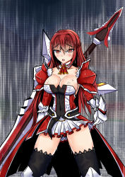 Rule 34 | 1girl, absurdres, armor, armored dress, black panties, black thighhighs, breasts, cleavage, clothes lift, detached collar, dress, dunamis, elbow gloves, elesis (elsword), elsword, gloves, gradient background, highres, huge weapon, large breasts, long hair, miniskirt, neckerchief, panties, rain, red hair, sideboob, skirt, skirt lift, striped, striped background, sword, thighhighs, underwear, upskirt, weapon