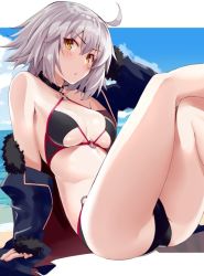 Rule 34 | 1girl, ahoge, ass, bare shoulders, beach, bikini, black bikini, blue coat, blue sky, blush, breasts, closed mouth, coat, collarbone, day, fate/grand order, fate (series), fur-trimmed coat, fur trim, jeanne d&#039;arc (fate), jeanne d&#039;arc alter (fate), jeanne d&#039;arc alter (ver. shinjuku 1999) (fate), knees up, large breasts, long sleeves, looking at viewer, navel, ocean, official alternate costume, open clothes, open coat, short hair, shunichi, silver hair, sitting, sky, solo, swimsuit, thighs, wicked dragon witch ver. shinjuku 1999, yellow eyes