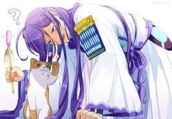 Rule 34 | 1boy, ?, all fours, antenna hair, armor, blue eyes, bodysuit, bodysuit under clothes, cat, cat teaser, commentary request, holding, japanese clothes, kamui gakupo, long hair, looking down, male focus, nokuhashi, open mouth, paw up, purple hair, robe, shoulder armor, skirt, smile, vocaloid, white robe, white skirt, wide sleeves