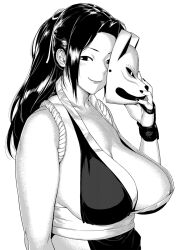 Rule 34 | 1girl, breasts, cleavage, fatal fury, highres, large breasts, lipstick, long hair, looking at viewer, makeup, mask, monochrome, nipple slip, nipples, ponytail, shiranui mai, smile, snk, solo, the king of fighters