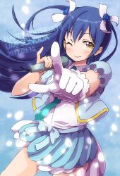 Rule 34 | 1girl, birthday, blue hair, blush, character name, commentary request, cowboy shot, dated, dress, flower, gloves, hair flower, hair ornament, happy birthday, highres, holding, holding microphone, long hair, looking at viewer, love live!, love live! school idol festival, love live! school idol project, microphone, necktie, one eye closed, pointing, pointing at viewer, sen (sen0910), single glove, smile, solo, sonoda umi, white gloves, yellow eyes