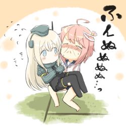 Rule 34 | 10s, 2girls, :&lt;, ahoge, bad id, bad pixiv id, bare shoulders, blonde hair, carrying, closed mouth, cropped jacket, engiyoshi, closed eyes, flying sweatdrops, garrison cap, grimace, hair ornament, hat, i-58 (kancolle), kantai collection, long hair, long sleeves, military, military uniform, multiple girls, neckerchief, pink hair, princess carry, puffy long sleeves, puffy sleeves, school swimsuit, school uniform, serafuku, short hair, swimsuit, swimsuit under clothes, swimsuit under swimsuit, u-511 (kancolle), uniform