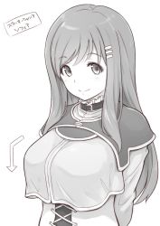 Rule 34 | 1girl, breasts, character name, closed mouth, collar, copyright name, greyscale, hair ornament, hairclip, kiikii (kitsukedokoro), large breasts, long hair, looking at viewer, monochrome, simple background, smile, solo, sophia esteed, star ocean, star ocean till the end of time, white background
