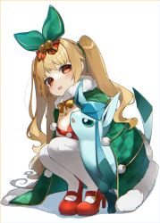 Rule 34 | azur lane, blonde hair, bow, coat, commission, covering privates, creatures (company), crossover, earrings, game freak, gen 4 pokemon, glaceon, highres, jenkins (azur lane), jenkins (light of the holiest star) (azur lane), jewelry, long hair, nintendo, official alternate costume, pokemon, pokemon (creature), red eyes, red footwear, reirou (chokoonnpu), ribbon, simple background, skeb commission, smile, star (symbol), star earrings, wavy hair, white background, winter clothes, winter coat