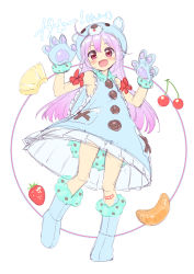 Rule 34 | 1girl, :d, animal ears, animal hands, animal hat, bare shoulders, bear ears, bear hat, blue dress, blue footwear, blue gloves, blue hat, boots, cherry, commentary, dress, fake animal ears, fang, food, fruit, full body, fur-trimmed boots, fur trim, gloves, gradient hair, hair between eyes, hat, highres, jigatei (omijin), long hair, looking at viewer, mandarin orange, multicolored hair, open mouth, paw gloves, pink hair, purple hair, red eyes, sketch, sleeveless, sleeveless dress, smile, solo, strawberry, symbol-only commentary, translation request, very long hair, white background