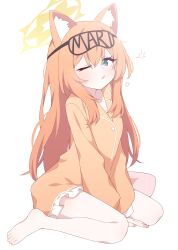 Rule 34 | 1girl, absurdres, animal ear fluff, animal ears, barefoot, blue archive, blue eyes, blush, breasts, buttons, cat ears, full body, hagoonha, hair between eyes, halo, highres, long hair, long sleeves, looking at viewer, mari (blue archive), one eye closed, open mouth, orange hair, orange pajamas, pajamas, simple background, small breasts, solo, toes, white background, yellow halo