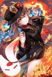 Rule 34 | 1girl, absurdres, black coat, black hat, black nails, boo tao (genshin impact), bright pupils, brown hair, coat, commentary, flower, flower-shaped pupils, genshin impact, ghost pose, grin, hat, hat flower, highres, hu tao (genshin impact), jewelry, long hair, long sleeves, looking at viewer, multiple rings, nail polish, porkpie hat, red eyes, red shirt, ring, shirt, smile, solo, symbol-shaped pupils, twintails, white pupils, yellow takano