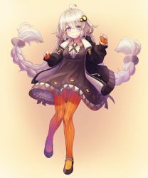 Rule 34 | 1girl, ahoge, blue eyes, blush, braid, dress, hair ornament, highres, jacket, kizuna akari, long hair, long sleeves, looking at viewer, mary janes, mochi (mochi444420), open mouth, orange pantyhose, pantyhose, shoes, silver hair, smile, solo, striped clothes, striped pantyhose, twin braids, vertical-striped clothes, vertical-striped pantyhose, very long hair, vocaloid, voiceroid