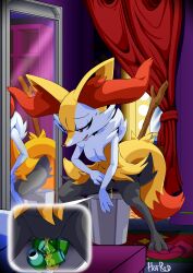Rule 34 | 1girl, animal ear fluff, animal ears, animal feet, animal hands, animal nose, artist name, black fur, body fur, bottle, braixen, cleft of venus, close-up, commission, creatures (company), curtains, dressing room, feet, female focus, flat chest, fox ears, fox girl, fox tail, furry, furry female, game freak, gen 6 pokemon, half-closed eyes, highres, indoors, mirror, multicolored fur, multiple views, neck fur, nervous, nintendo, open mouth, pee, peeing, pokemon, pokemon (creature), pussy, red eyes, reflection, rockthebull, signature, snout, spread legs, squatting, stick, sweat, tail, towel, trash can, white fur, yellow fur