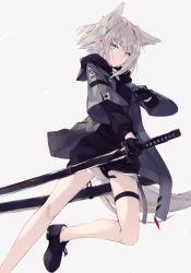Rule 34 | 1girl, animal ears, black dress, black gloves, closed mouth, commentary request, dress, gloves, gradient background, grey background, grey eyes, grey hair, grey jacket, highres, holding, holding sword, holding weapon, jacket, katana, long sleeves, looking at viewer, nagishiro mito, open clothes, open jacket, original, sheath, shirt, solo, sword, tail, unsheathed, weapon, white background, wide sleeves, wolf ears, wolf girl, wolf tail
