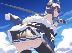 Rule 34 | 1girl, bare shoulders, bent over, black gloves, blue sky, breasts, cloud, collared shirt, commentary request, day, eyepatch, fingerless gloves, from behind, fur trim, gloves, headgear, izumi sai, jacket, kantai collection, large breasts, leaning forward, legs, looking back, necktie, over shoulder, partially fingerless gloves, pleated skirt, purple hair, school uniform, shirt, short hair, skirt, sky, sleeveless, sleeveless shirt, solo, sword, sword over shoulder, tenryuu (kancolle), tenryuu kai ni (kancolle), thighhighs, unfinished, weapon, weapon over shoulder, yellow eyes