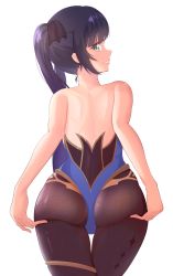 Rule 34 | 1girl, artist request, ass, ass grab, ass support, bare shoulders, blush, come hither, deep skin, from behind, genshin impact, green eyes, grin, hair ribbon, highres, huge ass, leotard, long hair, looking at viewer, looking back, mona (genshin impact), pantyhose, purple hair, ribbon, shiny clothes, shiny skin, smile, solo, thighlet, twintails, very long hair, wide hips