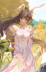 Rule 34 | 1girl, absurdres, animal ears, arm behind back, artist request, bare shoulders, blue sky, blush, brown hair, douluo dalu, flower, hair ornament, highres, long hair, mountain, open mouth, ponytail, rabbit, rabbit ears, reaching, reaching towards viewer, second-party source, sky, smile, solo, sunflower, teeth, tree, upper body, xiao wu (douluo dalu)