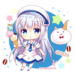 Rule 34 | 1girl, :o, angora rabbit, animal, artist name, beret, bitter crown, blue eyes, blue footwear, blue hair, blue necktie, blush, bow, bowtie, character name, chestnut mouth, chibi, coffee beans, commentary request, dress, food, full body, gochuumon wa usagi desu ka?, hair between eyes, hair ornament, hairclip, hat, holding, holding food, ice cream, ice cream cone, kafuu chino, light blue hair, long hair, looking at viewer, necktie, open mouth, rabbit, red bow, red bowtie, sailor collar, school uniform, shoes, sidelocks, standing, star (symbol), tippytippy, two-tone background, very long hair, white dress, white hat, white legwear, x hair ornament
