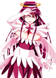 Rule 34 | 1girl, breasts, cleavage, commentary request, detached sleeves, dot nose, fake halo, fake wings, fallen angel ero maid costume, feet out of frame, gloves, gorigori222, hair between eyes, halo, hand up, kanzaki kaori, large breasts, linea alba, long hair, long sleeves, looking at viewer, one eye closed, open mouth, ponytail, sidelocks, smile, solo, thighhighs, toaru majutsu no index, toaru majutsu no index: old testament, very long hair, white background, white gloves, white sleeves, white thighhighs, white wings, wings, zettai ryouiki