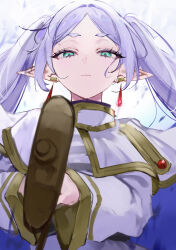 Rule 34 | 1girl, absurdres, aiming, aiming at viewer, blue background, capelet, closed mouth, dangle earrings, dress, earrings, elf, frieren, green eyes, hair intakes, highres, holding, holding staff, jewelry, long hair, long sleeves, looking at viewer, looking down, mile (off8mile), parted bangs, pointy ears, purple hair, solo, sousou no frieren, staff, teardrop earrings, thick eyebrows, twintails, two-tone background, upper body, white background, white capelet, white dress