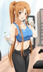 Rule 34 | 1girl, :d, alternate costume, asuna (sao), black leggings, blue sports bra, braid, breasts, brown eyes, brown hair, cleavage, collarbone, commentary request, dars (recolors), drink, giving, gym, highres, holding, holding drink, indoors, large breasts, leggings, long hair, looking at viewer, navel, open mouth, pants, ponytail, smile, solo, sports bra, sportswear, sweat, sweatpants, sword art online