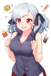 Rule 34 | 1girl, asymmetrical bangs, black ribbon, blue shirt, blush, breasts, burger, cola, collarbone, corn dog, drooling, food, french fries, girls&#039; frontline, grey hair, hair ribbon, hand up, hands up, highres, large breasts, narynn, open mouth, red eyes, ribbon, shirt, simple background, sleeveless, sleeveless shirt, smile, solo, spas-12 (girls&#039; frontline), upper body, wavy hair, white background