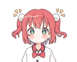 Rule 34 | 1girl, aqua eyes, blush stickers, bow, bowtie, collared shirt, commentary request, genki zenkai day! day! day!, highres, kurosawa ruby, light frown, looking at viewer, love live!, love live! sunshine!!, notice lines, pom pom (clothes), red bow, red bowtie, red hair, shirt, short hair, simple background, solo, two side up, upper body, white background, white shirt, yashino 84